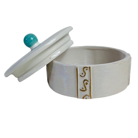 Iridescent Trinket Box Vanity Power Dish Lid Speckled Turquoise Knob Ceramic VTG - Picture 8 of 13